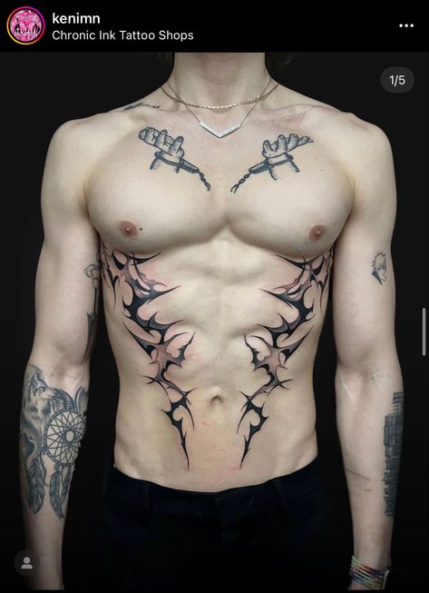 Mens Ab Tattoos, Edgy Chest Tattoos, Womb Tattoo Men, Men’s Tats, Men Tattoo Ideas Back, Incubus Tattoo Male, Tattoo Cotes, Trans Chest Tattoo, Vain Tattoos