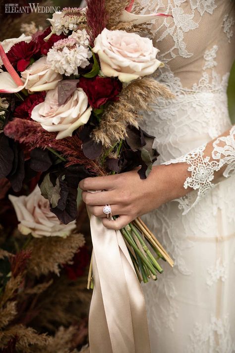 Burgundy and Blush Wedding Bouquet, Burgundy Wedding Bouquets, Fall Wedding Bouquets, Pampas Grass Wedding Bouquet | Bohemian Burgundy & Pampas Grass Wedding | ElegantWedding.ca Wedding Bouquets Pampas, Wedding Bouquets Fall, Pampas Grass Wedding Bouquet, Grass Wedding Bouquet, Wedding Pampas, Burgundy Wedding Theme, Bouquet Burgundy, Blush Bouquet Wedding, Vintage Glam Wedding