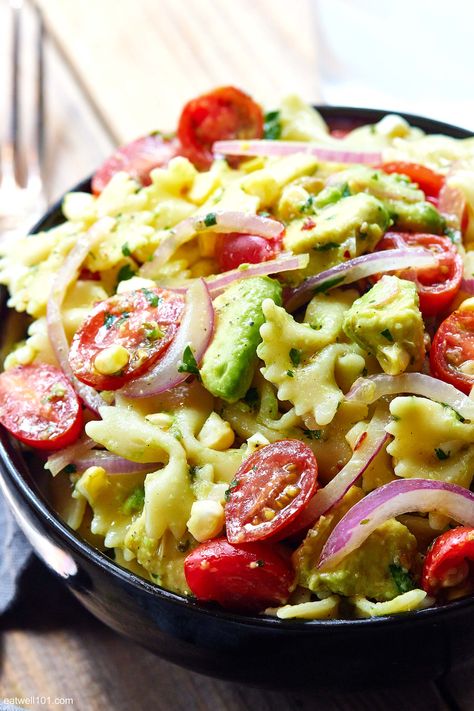 Pasta Salad Recipes With Avocado, Avo Pasta Salad, Avacodo With Pasta Salad, Steak Pasta Salad, Avocado Basil Pasta Salad, Corn Avacoda Salad, Pasta Salad With Avocado, The Best Pasta Salad, Corn Pasta Salad