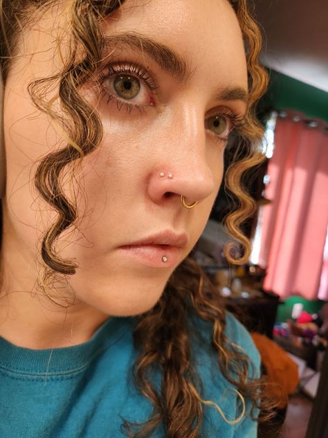 Four Nose Piercings, Double Nose Stud Piercing, Double Ashley Piercing, Septum With Double Nose Piercing, Double Nose And Septum Piercing, 3 Nose Piercings Combo, Double Nose Piercing With Septum, Ashley Lip Piercing, Double Nose Piercing Same Side