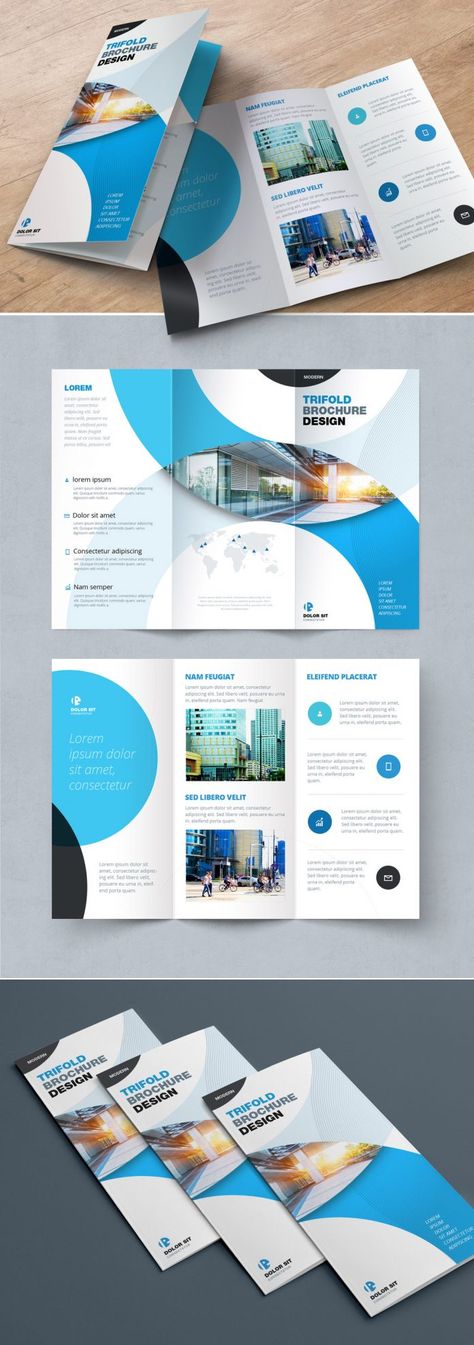 Blue Trifold InDesign Brochure Template with Circles Brochure Design Layouts, Indesign Brochure Templates, Medical Brochure, Portfolio Illustration, Brochure Design Creative, Brochure Design Layout, Brochure Inspiration, Brochure Mockup, Trifold Brochure Design