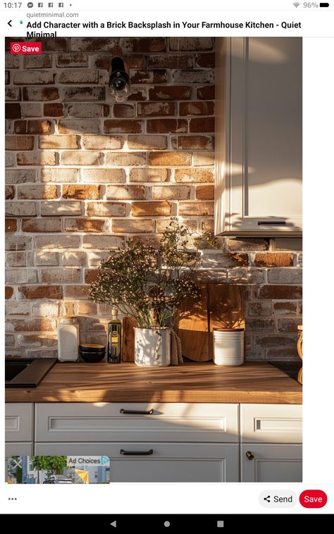 Backsplash Brick Kitchen, Brick Backsplash Kitchen Butcher Block, Brick Tile Splashback Kitchen, Brick Backsplash Butcher Block Counters, Backsplash For Butcher Block Counters, Red Brick Kitchen Ideas, Whitewashed Brick Backsplash, Brick Paneling Backsplash, Brick Wall Interior Kitchen