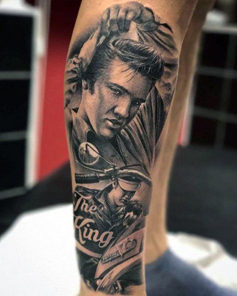 Male Cool Elvis Presley Tattoo Ideas On Leg #tattooideas Elvis Sleeve Tattoo, Elvis Presley Tattoo Ideas, Tattoo Ideas On Leg, Elvis Presley Tattoos, Elvis Presley Tattoo, Rock And Roll Tattoo, Elvis Artwork, Elvis Tattoo, Elvis Today