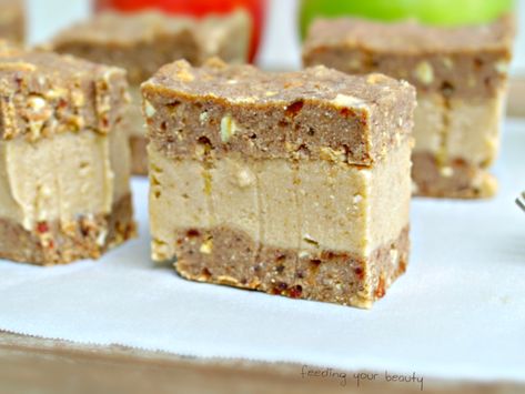 Nearly Raw Apple Pie A La Mode Bars (vegan, gluten free, date-sweetened, paleo) – Feed Your Beauty Raw Apple Pie, Raw Almond Butter, Pie A La Mode, Raspberry Rhubarb, Crumble Bars, Raw Desserts, No Bake Bars, Raw Almonds, Unsweetened Applesauce