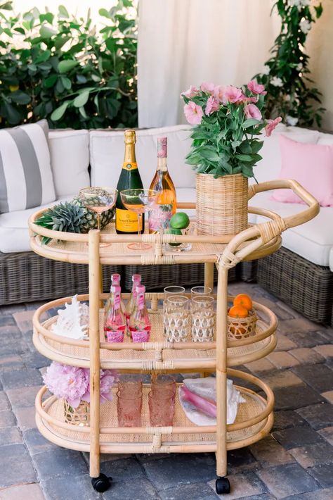 20 Patio Furniture Ideas to Help You Make the Most of Your Space Wicker Bar Cart, Bar Cart Inspo, Tea Carts, Rattan Bar Cart, Living Pool, Diy Bar Cart, Gold Bar Cart, Cart Ideas, Nantucket Red