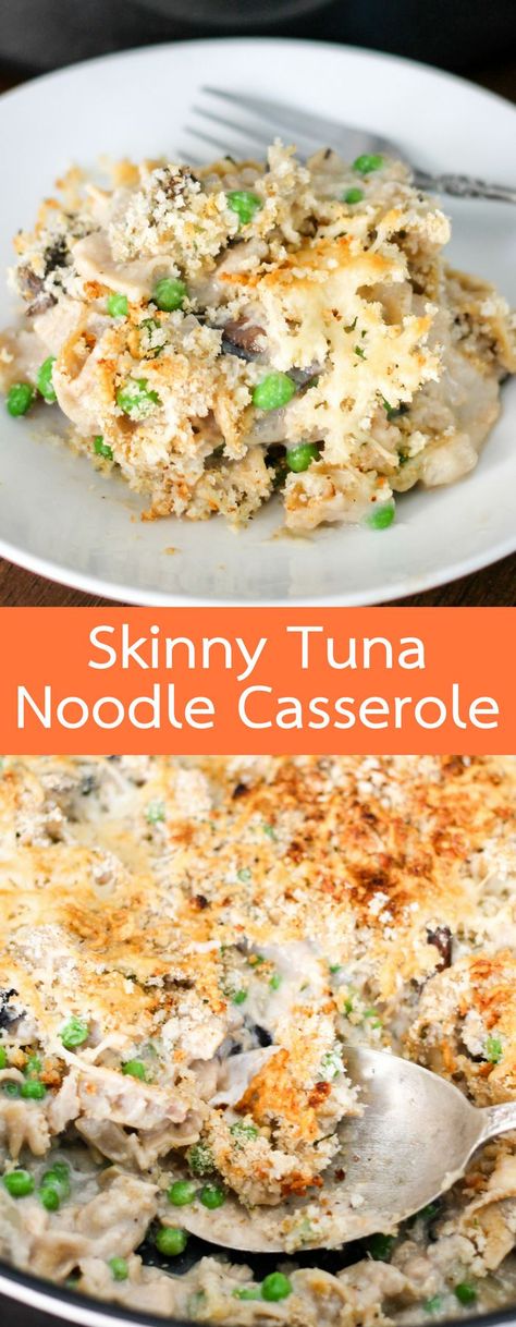 This skinny tuna noodle casserole is a meal that your whole family will love. Using only one skillet, it's easy to make, little to clean, won't bust your waistline, and is insanely delicious! Low Calorie Tuna Noodle Casserole, Low Carb Tuna Noodle Casserole, Ww Tuna Noodle Casserole, Low Calorie Tuna Casserole, Low Sodium Tuna Noodle Casserole, Healthy Tuna Casserole Recipes, Healthy Tuna Casserole, Tuna Noodle Casserole Healthy, Tuna Noodle Casserole Easy