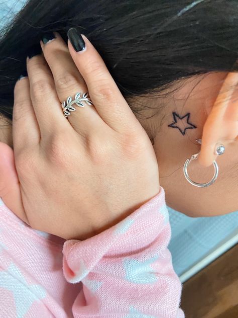 Star Tattoos On Ankle, Behind The Ear Tattoo Ideas Music, Music Behind Ear Tattoo, Star Behind Ear Tattoo, Star Neck Tattoos, Stars Behind Ear Tattoo, Star Tattoo Behind Ear, Star Face Tattoo, Dainty Tats