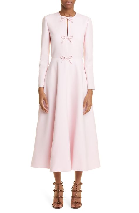 Valentino Garavani Bow Detail Long Sleeve Crepe Couture Midi Dress available at #Nordstrom Classic Fashion Pieces, Pink Bow Dress, Couture Fabric, Crepe Midi Dress, Classic Style Outfits, Fashion Design Collection, Royal Outfits, Gowns Of Elegance, Pink Long Sleeve