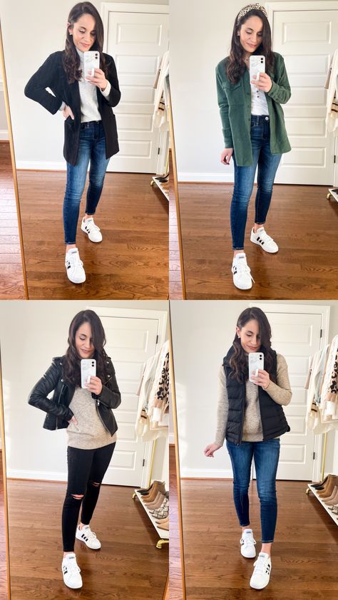 Five Winter Sneakers Outfits | Petite Style | Pumps & Push Ups Casual Winter Outfits Petite, Petite Winter Outfits Casual, Winter Sneaker Outfits Women, Cute Sneakers Outfit, Sneaker Work Outfits Women, White Sneakers Outfit Winter, Women Sneakers Outfit, Palette Closet, Texas Fits