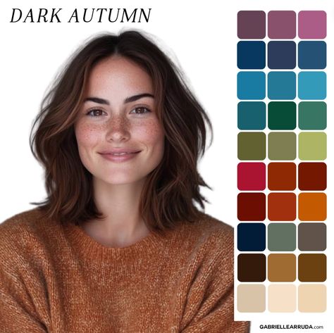 Understand the autumn seasonal color palettes including dark autumn, true autumn and soft autumn. Begin to explore the essence of the autumn colors, including style inspirations, overall aesthetic, jewelry and fabrics. Master your best colors and always love what you wear with pca. deep autumn | warm autumn | muted autumn Deep Autumn Skin Color Palette, Dark Autumn Skin Color Palette, Autumn Neutrals Color Palettes, Autumn Dark Color Palette, Dark Autumn Office Wardrobe, Dark Autumn Clothing Palette, Deep Warm Color Palette, Deep Autumn Accessories, True Fall Color Palette