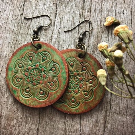 Circle Mandala Design, Tooled Leather Earrings, Circle Mandala, Hand Painted Jewelry, Hand Tooled Leather, Leather Work, Leather Pieces, Leather Cuffs, Wooden Jewelry