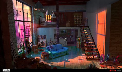 Entergalactic Netflix Apartment, Entergalactic Movie Apartment, Entergalactic Netflix Concept Art, Art Studio Concept Art, Studio Apartment Concept Art, Entergalactic Netflix Aesthetic, Apartment Concept Art, Entergalactic Jabari, Artist Studio Apartment