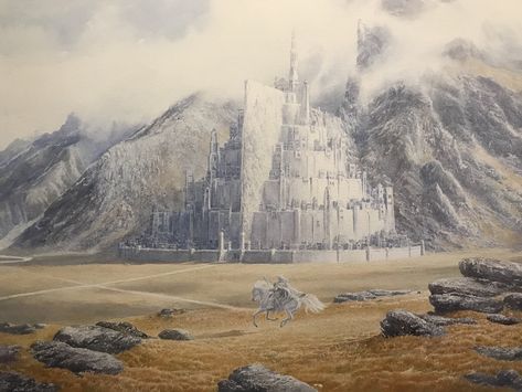 Gandalf Rides to Minas Tirith by Alan Lee (from Tolkien's Lord of the Rings) Comic Art Alan Lee Art, Tolkien Artwork, Tolkien Illustration, Minas Tirith, Alan Lee, Calligraphy Canvas, John Howe, Lord Of, Fantasy Tree