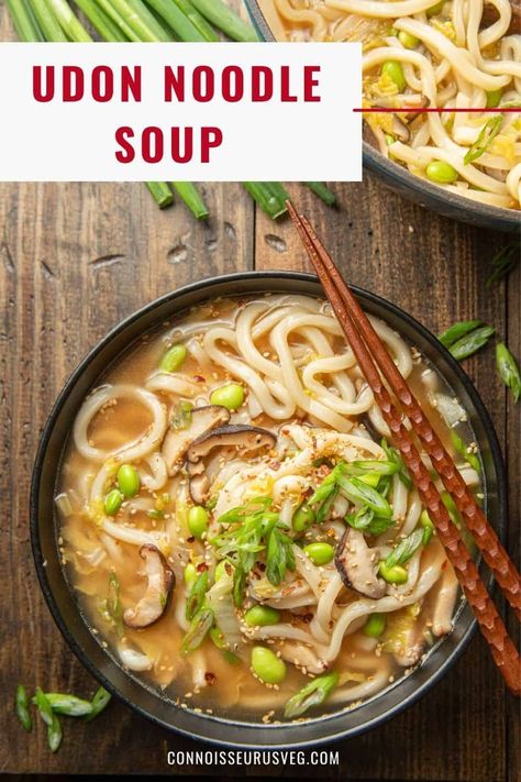 This comforting udon noodle soup is made with tender shiitake mushrooms, edamame, and napa cabbage in a ginger miso broth. It's easy to make, loaded with flavor, and totally hits the spot on cold days! Udon Noodle Soup Vegetarian, Miso Udon Noodle Soup, Miso Udon Soup, Chicken Udon Soup, Miso Udon, Chicken Udon, Udon Soup, Udon Noodle Soup, Miso Broth