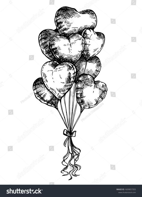 Ballon Heart Drawing, Heart Shaped Balloon Tattoo, Heart Balloons Drawing, Heart Balloon Drawing, Heart Balloon Tattoo, Balloons Sketch, Valentines Day Tattoo, Spring Tattoos, Balloon Sketch