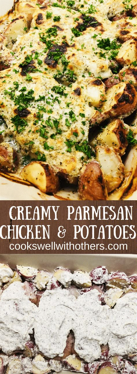 Creamy Parmesan Chicken and Potatoes - Cooks Well With Others Recipes With Chicken And Potatoes, Small Potatoes Recipe, Parmesan Chicken And Potatoes, Chicken Potato Casserole, Creamy Parmesan Chicken, One Pan Meal, Chicken And Potatoes, Creamy Garlic Chicken, Parmesan Potatoes