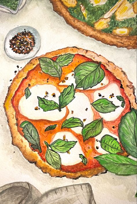 Food Watercolour Painting, Pizza Watercolor Painting, Italian Food Painting, Italian Paintings Easy, Food Illustration Art Watercolour, Pizza Painting Acrylic, Watercolour Italy, August Watercolor, Meal Illustration