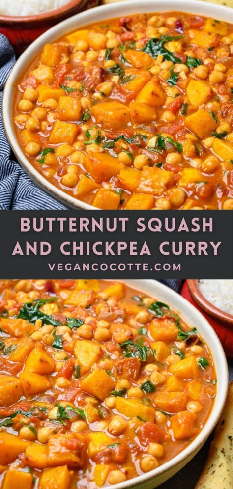 Butternut Squash and Chickpea Curry Sweet Potato Tofu Chickpea Curry, Vegan Sweet Potato Chickpea Curry, Sweet Potatoes Curry Recipes, Indian Food Recipes Sweet Potato, Chickpea Sweet Potato Recipes, Chickpeas And Sweet Potato Recipes, Vegan Sweet Potato Crockpot Recipes, Chickpea Curry Meal Prep, Chickpeas Sweet Potato