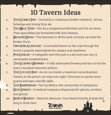 (Steep) 10 Tavern Ideas Cool Dnd Campaign Ideas, Tavern Names Dnd, Dnd Encounters Ideas, Dnd Quest Hooks, Dnd Campaign Names, Dungeons And Dragons Story Ideas, Homebrew Campaign Ideas, Medieval Fantasy Plot Ideas, D&d Side Quests