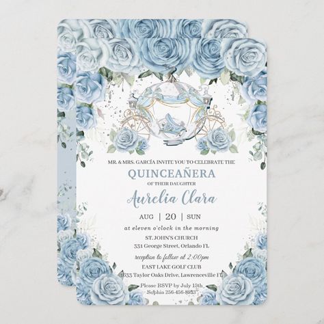 Blue Quinceanera Theme, Quinceanera Blue, Quinceanera Court, Baby Blue Quinceanera, Cinderella Quinceanera Themes, Cinderella Quinceanera, Cinderella Invitations, Cinderella Coach, Quinceañera Invitation