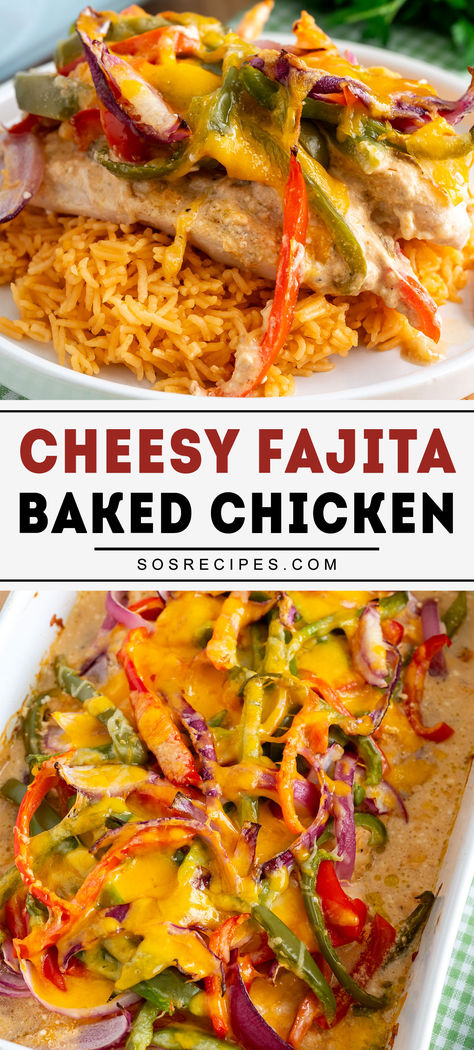 Looking for an easy and flavorful dinner recipe? Try this Cheesy Fajita Baked Chicken! It’s a delicious combination of juicy chicken, seasoned with fajita spices, and topped with melted cheese. Perfect for a quick weeknight meal or a family dinner, this healthy dish is loaded with flavor and simple to make. Add this baked chicken recipe to your collection for a low-carb, easy meal everyone will love. Serve it with rice, veggies, or a fresh salad for the ultimate fajita-inspired dinner! Cheesy Chicken Fajita Bake, Fajita Baked Chicken, Fajita Oven Recipe, Cheesy Fajita Baked Chicken, Cream Cheese Fajita Chicken, Chicken And Vegetable Recipes Baked, Chicken Fajita Rice Bake, Chicken Peppers Recipe, Fajita Chicken Recipes