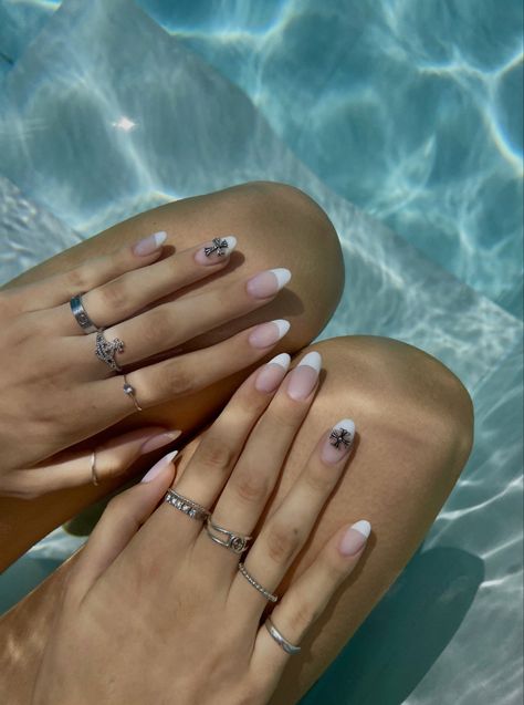 white french nails with crome hears Hearts Nails, White French Nails, White French, Heart Nails, French Nails, Engagement Rings, Nails, White, Beauty