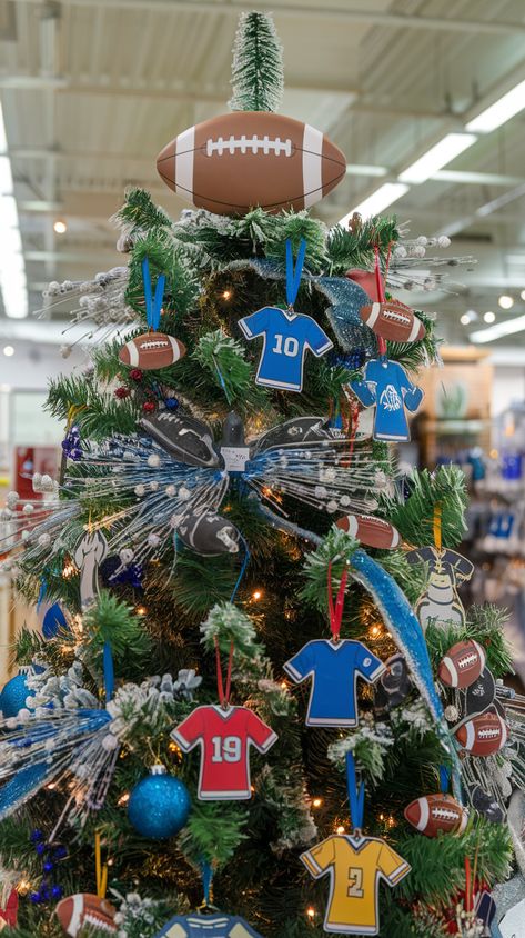 Christmas Tree Decor ideas for football fans. football topper and ornaments for christmas tree Football Theme Christmas Tree, Sport Themed Christmas Tree, Diy Football Ornaments Ideas, Detroit Lions Christmas Tree, Boy Christmas Tree Theme, Football Christmas Tree Ideas, Sports Themed Christmas Tree, Sports Christmas Tree, Football Christmas Tree