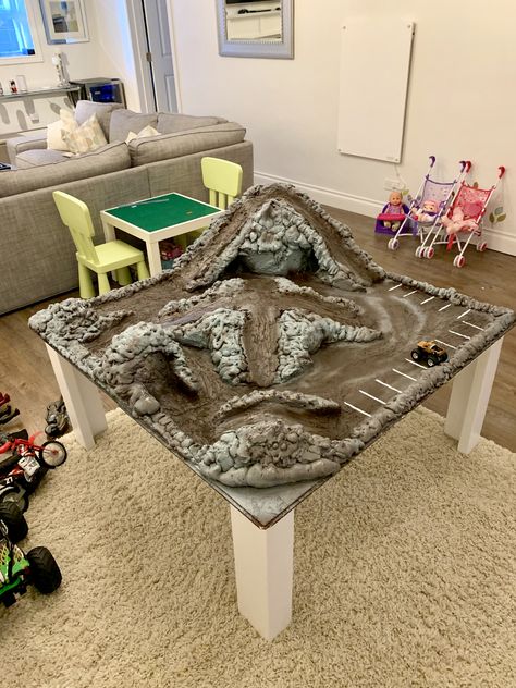 Monster Truck Dirt Track Diy, Monster Jam Track Diy, Monster Truck Arena Ideas, Monster Truck Table Diy, Monster Truck Playroom, Diy Monster Jam Arena, Monster Truck Play Area, Monster Truck Games For Kids, Diy Monster Truck Track