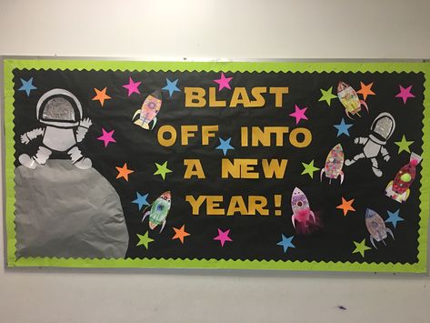 Blast Off Into a New Year School Year Bulletin Boards, New School Year Bulletin Boards, Space Bulletin Boards, Toddler Bulletin Boards, Daycare Bulletin Boards, Middle School Bulletin Boards, School Wide Themes, Space Theme Classroom, Kindergarten Bulletin Boards