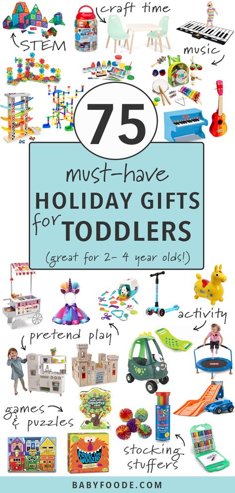 These 75 Must-Have Holiday Gifts for Toddlers are so amazing they are going to blow your toddler’s little mind! Find the best gifts and ideas for toddlers ages 2-4 in 7 different categories - STEM, crafts, music, pretend play, active, games & puzzles, and stocking stuffers. Consider your holiday shopping done! #giftguide #toddlers #christmas #holidays Christmas Presents For Toddlers, Kids Doctor Kit, Toddler Gift Guide, Toddler Stocking Stuffers, Best Toddler Gifts, Gifts For Toddlers, Toddler Boy Gifts, Toddler Christmas Gifts, Top Christmas Gifts