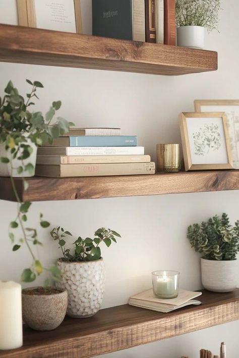 "Bring creativity to your walls with DIY Floating Shelves! 🛠️📚 Perfect for adding stylish and personalized storage to your space. 🌟✨ #DIYHomeDecor #FloatingShelvesIdeas #HomeProjects" Styled Floating Shelves Living Room, Floating Shelf Photo Gallery, Floating Shelf Storage Ideas, Wood Shelves Floating, Styling A Floating Shelf Living Room, Picture Shelf Wall Ideas, Wall Shelf Styling, Appliance Closet, Floating Shelves Office