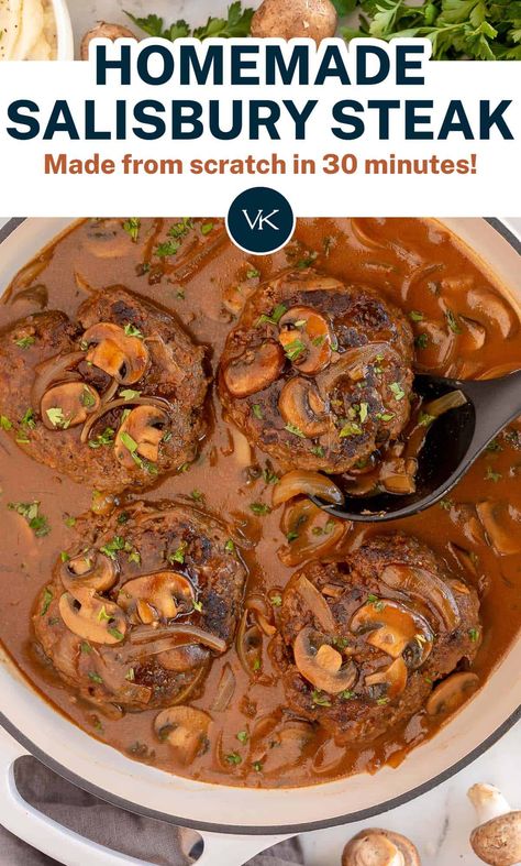 This Homemade Salisbury Steak recipe with rich and silky mushroom gravy is made completely from scratch in just 30 minutes. Serve it over mashed potatoes for a comforting, nostalgic meal. Homemade Salisbury Steak, Hamburger Steak And Gravy, Salisbury Steak Recipe, Over Mashed Potatoes, Meat Meals, Beef Meals, Salisbury Steak Recipes, Mushroom Gravy, Salisbury Steak