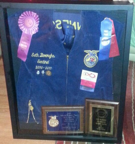 FFA blue and gold jacket along with awards ribbons and symbols of FFA career. Makes a great keepsake! We did thus for my daughter's boyfriend for Christmas. Ffa Jacket Shadow Box Ideas, Ffa Shadow Box Ideas, Ffa Jacket Display, Agriculture Education Classroom, Ffa Banquet, Ag Classroom, Ffa Jacket, Ffa Ideas, Teach Ag