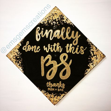 Finally done with this BS grad cap @emsgemscreations Finally Done With This Bs Graduation Cap, Mortar Board Decoration Grad Cap, Finally Done With This Bs Cap, Done With This Bs Grad Cap, Bs Grad Cap, Ideas For Graduation Caps, Graduation Cap College, College Graduation Cap Ideas, Social Work Graduation Cap