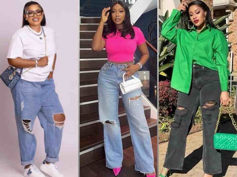 How to Wear Boyfriend Jeans for Ladies in Nigeria How To Style Boyfriend Jeans Plus Size, Baggy Boyfriend Jeans Outfit, Boyfriend Jeans Outfit Black Women, Jean Party Outfits, Boyfriend Jeans Fall, Styling Wide Leg Jeans, How To Wear Boyfriend Jeans, Plus Size Body Shapes, Boyfriend Trousers