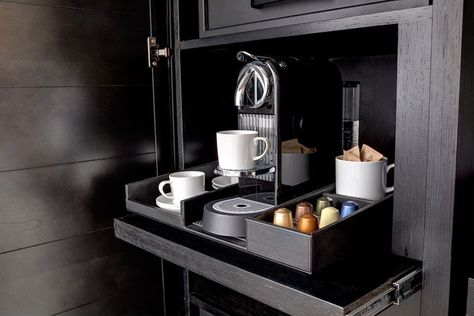 LOVE, LOVE this pull-out coffee station, EVERY house should have one!! Burlington MA Boutique Hotel | Archer Hotel Hotel Coffee Station, Hotel Minibar, Luxury Hotels Lobby, Coffee Bar Ideas, Bar Unit, Hotel Suite Luxury, Hotel Breakfast, Nice House, Home Coffee Stations