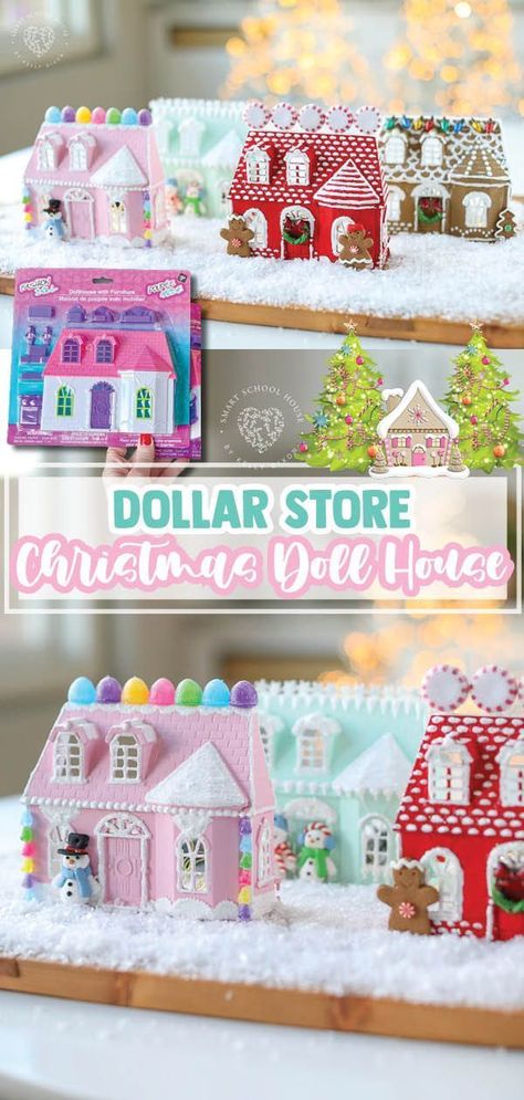 Use a doll house from the dollar store to create a beautiful Christmas house! Decorate it with paint, ornaments, and glowing fairy lights. Put fairy lights behind the houses so they glow at night. Just look at how cute this little town is! Each doll house can be decorated uniquely, so be creative! Make this fun holiday craft for a fun activity! Diy Dollhouse Dollar Tree, Diy Christmas Dollar Store, Diy Christmas Tree Shelf For Village, Dollar Tree Doll House Gingerbread, Diy Painted Christmas Village Houses, Dollar Tree Painting Crafts, Dollar Tree Winter Crafts Diy, Christmas Crafts For Adults Easy, Dollar Tree Doll House Christmas