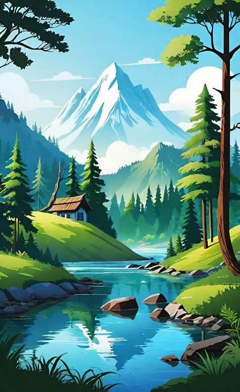 Nature landscape illustration Nature Illustration Landscapes, Digital Painting Landscape, Acton Academy, Digital Art Landscape, Canva Background, Green Nature Wallpaper, Best Nature Wallpapers, Poster Drawing, Nature Posters