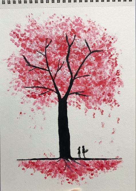 Chinese House Drawing Easy, Cherry Tree Drawing Easy, Chinese Painting Easy, Cherry Blossom Tree Sketch, Cute Tree Drawing, Sakura Tree Drawing, Cherry Blossom Tree Drawing, Rama Art, Easy Nature Drawings