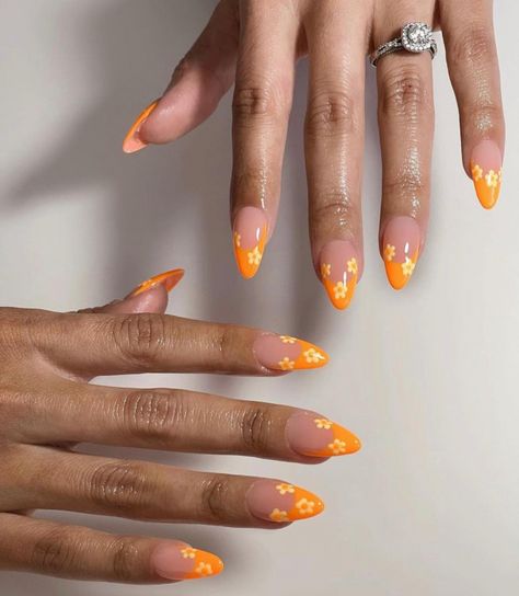 spring nails, spring nails 2022, flower nails, flower nail designs 2022, floral nails, flower french tip nails, flower nail art design Funky Orange Nails, Pink And Orange Flower Nails, French Tip With Design Nails, Flower Nails Orange, Orange Acrylic Nails Designs, Orange Floral Nails, Trendy Orange Nails, Nail Inspo Orange, Orange French Tip Nails