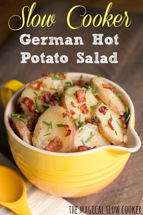 Make this Hot German Potato Salad in the slow cooker. Tender potatoes and bacon with a tangy vinegar dressing. #germanpotatosalad #crockpot German Potato Recipes, Hot Potato Salad, Hot German Potato Salad, German Potato Salad Recipe, German Food Authentic, Warm Potato Salads, Hot Potato, Potato Salad With Egg, Salads For A Crowd