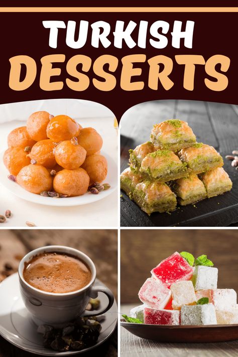 These popular Turkish desserts are sweet, unique, and so delicious! From baklava to cookies to Turkish coffee, these easy recipes are a new and exciting end to your meal. Turkish Recipes Traditional, Turkish Cookies, Turkey Dessert, Dinner Around The World, Theme Day Ideas, Turkish Recipes Desserts, Turkish Recipe, Turkish Food Recipes, Turkish Dessert