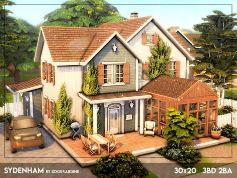 Sims 4 Boho House Exterior, Sims House Outside, Sims 4 Cute Family House, Sims House Simple, Newcrest Sims 4 House, One Story Sims House Layout, Sims Boho House, Sims 5 House, Sims 4 House Color Scheme