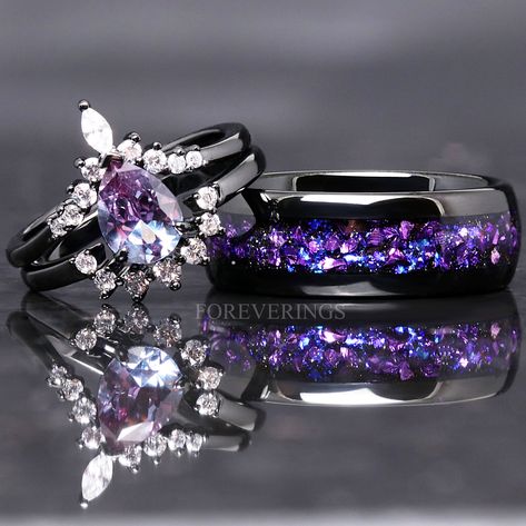 Black Ring With Purple Stone, Three Piece Ring Set, Alexandrite Mens Rings, Moon Wedding Ring Set, Blue And Purple Wedding Ring, Matching Purple Wedding Rings, Wedding Rings 3 Piece Set, His Hers Wedding Rings, Black Gold Alexandrite Ring