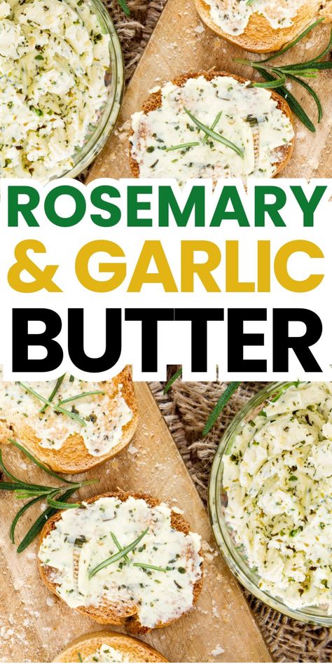 Rosemary and garlic butter spread on slices of bread. Sautéing Vegetables, Garlic Butter For Bread, Garlic Butter Recipe, Garlic Butter Spread, Rosemary Butter, Butter Recipes Homemade, Make Garlic Butter, Homemade Garlic Butter, Garlic Herb Butter