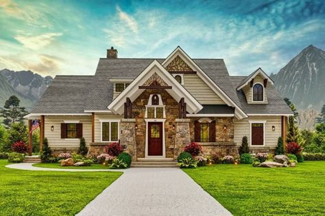 This cottage style home radiates a cozy vibe with classic horizontal siding, stone accents, shuttered windows, and timber beams that accentuate the covered porches. The intricate detailing in the gables and railings adds character to the home. Dual Master Suite House Plans, Vaulted Foyer, Casual Dining Room, Lodge Room, Snow Cap, Shaped Kitchen, Rustic House Plans, Basement Floor Plans, House Plans One Story