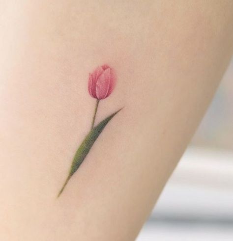 Colored Tulip Tattoo, Behind Ear Tattoo Butterfly, Tiny Tulip Tattoo, Minimalist Tulip Tattoo, Aesthetic Tattoo Arm, Back Tattoo Black Women, Arm Women Tattoo, Tattoo Arm Women, Art Drawings Tattoo