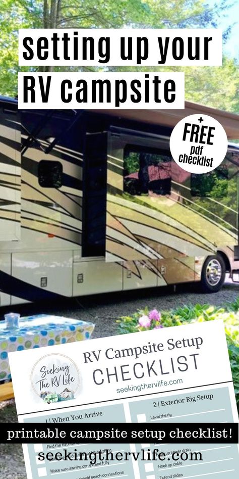 Campsite Setup, Camping Essentials List, Rv Camping Checklist, Rv Campsite, Rv Camping Tips, Travel Trailer Camping, Camping Set Up, Camping Organization, Camping Camper