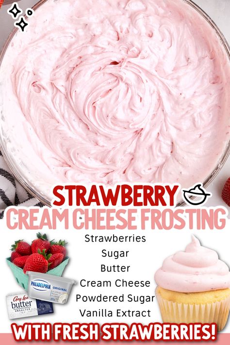 This strawberry cream cheese frosting is creamy and tangy, with a subtle sweetness from the strawberries. It’s perfect for cakes, cupcakes, or any other dessert that you want to dress up a little bit with fresh strawberry flavor. Strawberry Cream Cheese Icing, Homemade Strawberry Cake, Cream Cheese Frosting Easy, Strawberry Cake Filling, Strawberry Cream Cheese Frosting, Fresh Strawberry Cake, Creamy Frosting, Strawberry Frosting, Strawberry Cake Recipes