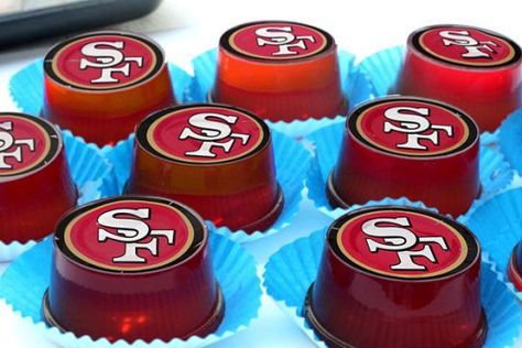 Super Bowl Jello Shots, 49er Party, 49ers Birthday Party, 49ers Birthday, Super Bowl Sunday Party, 49ers Cake, 49ers Party, 49ers Super Bowl, Forty Niners